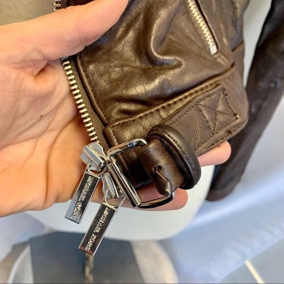 Michael Michael Kors dark chocolate brown leather biker moto jacket Sz S NWOT - Picture 8 of 16